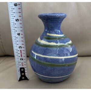 Vtg Earthworks Barbados Studio Art Pottery Bud Vase Blue Green Swirl 5.5in EUC